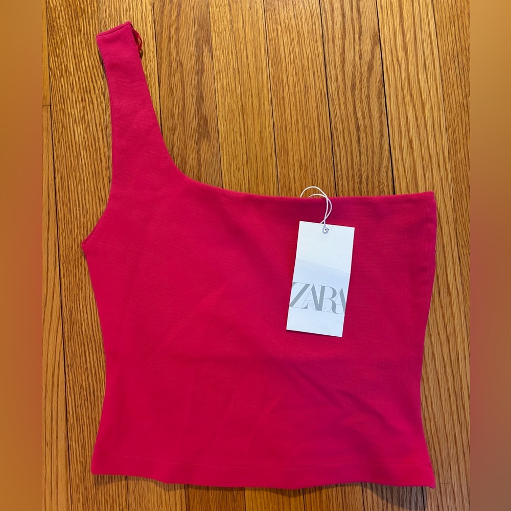 NEW ZARA Pink One Shoulder Crop Top with Zipper Size Small